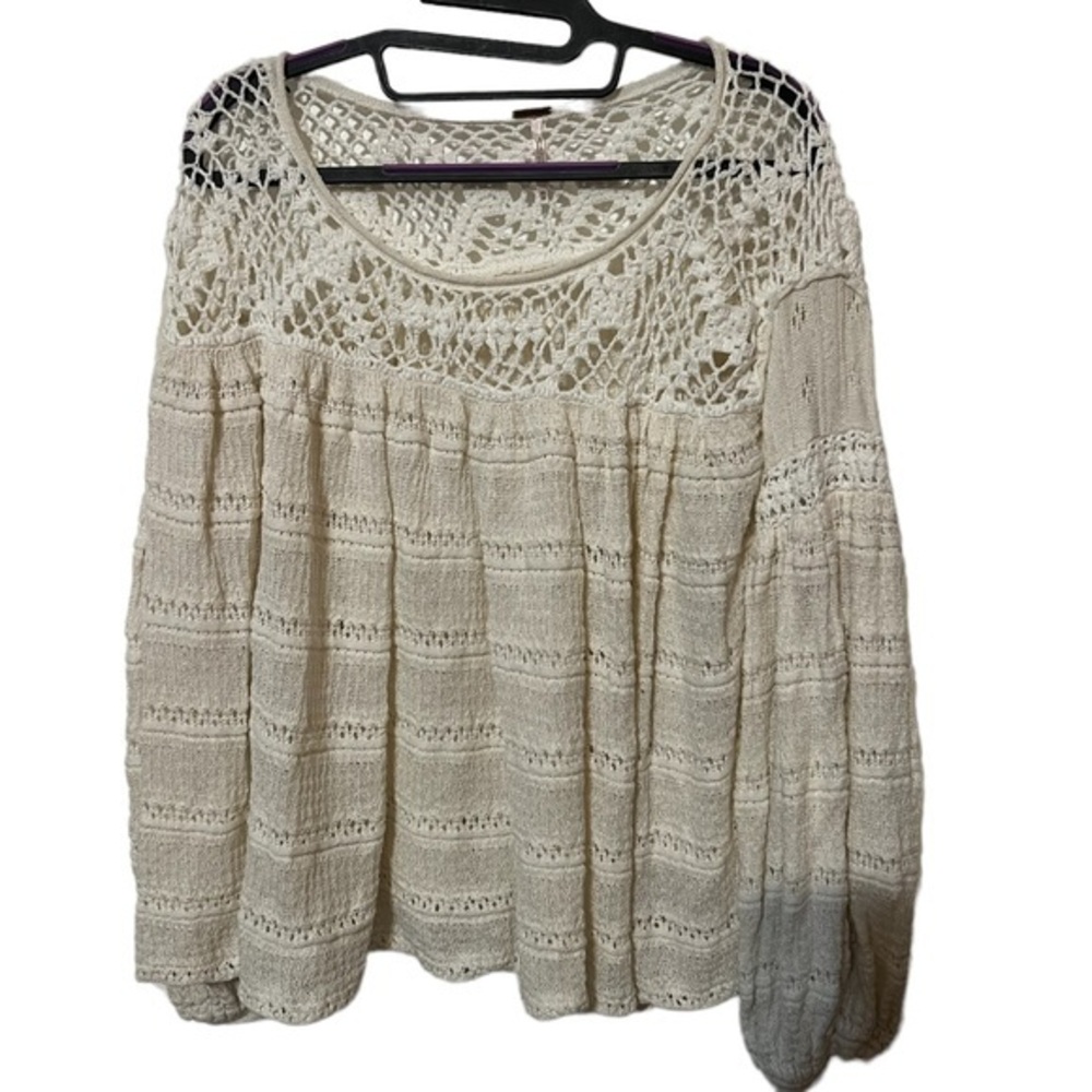 Free People Bohemian Cream Balloon Long Sleeve Knit Top Linen Blend Size XS
